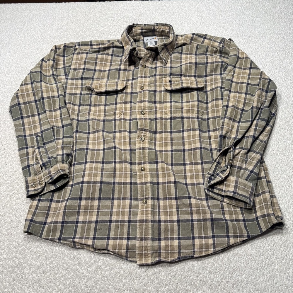Carhartt Shirt Mens 2XL Plaid Flannel Button Front Workwear S248 MOS Green Beige